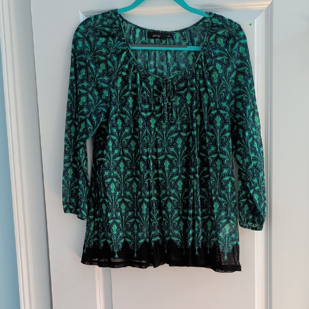Apt. 9 Women's Green and Black Patterned Blouse